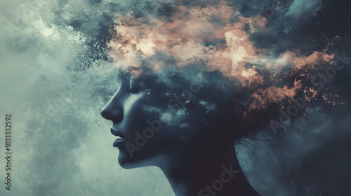 A woman's profile is obscured by swirling clouds, creating a surreal and ethereal image.