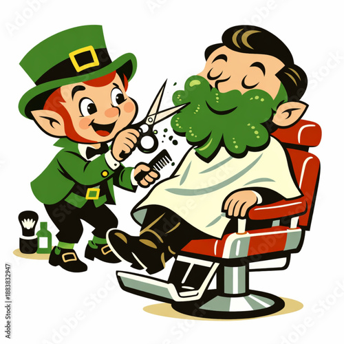 Retro leprechaun barber trimming shamrock beard illustration