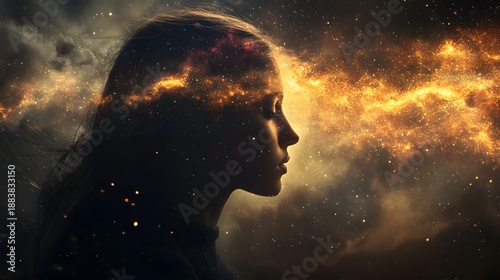 A woman's silhouette with a galaxy inside her head, representing the power and potential of the human mind.