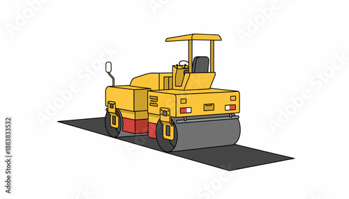 A yellow road roller compacting asphalt on a new road surface.