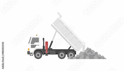 A white dump truck unloading a pile of grey material on a white background.