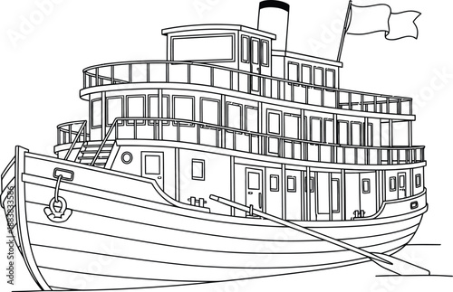 Line drawing of a traditional multilevel steamboat with a smokestack and flag.