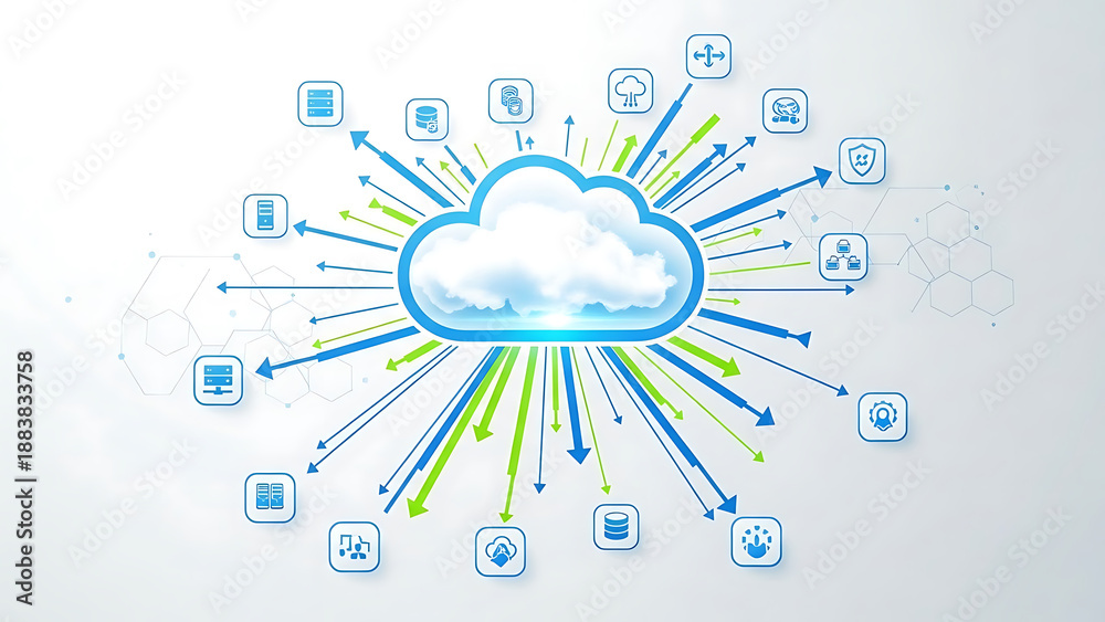 Obraz premium Cloud computing concept with icons and arrows radiating from a central cloud on a white background isolated on white background
