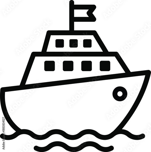 Monochrome line art icon of a passenger ship with a flag porthole and stylized waves.