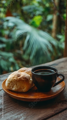 Coffee and Fresh Bread Served at Cozy Cafe with Forest View
