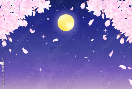 夜桜と満月と星空のイラスト_横1