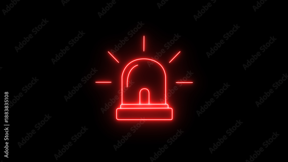 Αυτοκόλλητο Red neon emergency siren light glowing brightly against a dark black background symbolizing danger alarm alert and urgent warning signal for urgent situations and caution