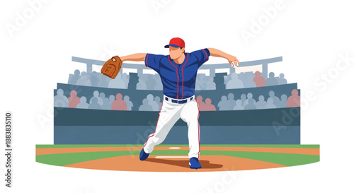 Baseball Pitcher Throwing Ball on Field with Stadium Crowd in Background - Professional Sports Illustration
