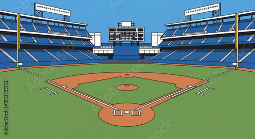 Vibrant cartoon baseball stadium with a clear blue sky, showcasing the field, home plate, and grandstands filled with blue seats.