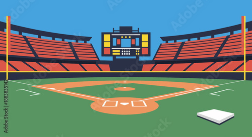 Vibrant Baseball Stadium Scene with Scoreboard and Empty Seats, Ready for Game Day Excitement