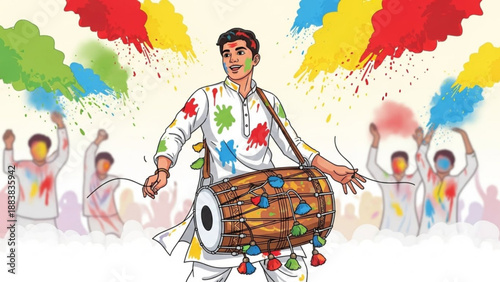 Man playing dhol drum at Holi festival celebrating with colorful powder and joyful crowd Indian cultural event illustration