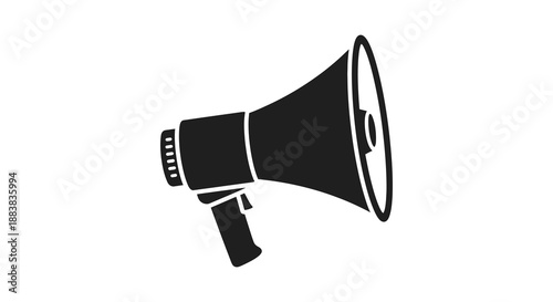 a bold black megaphone illustration showcasing sound amplification and communication presented as a striking silhouette