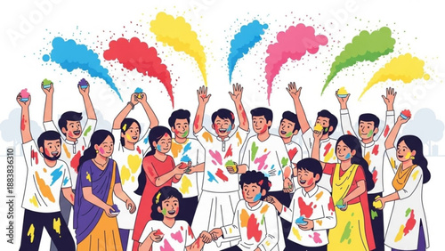 Joyful crowd celebrating Holi festival with colorful powder vibrant illustration for Indian culture and festive events isolated on white