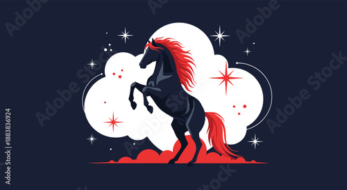 Majestic black horse with a fiery red mane rearing up against a celestial background with clouds and stars in a powerful illustration.