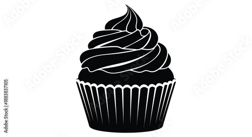 a detailed black and white illustration of a cupcake with decorative frosting a sweet silhouette