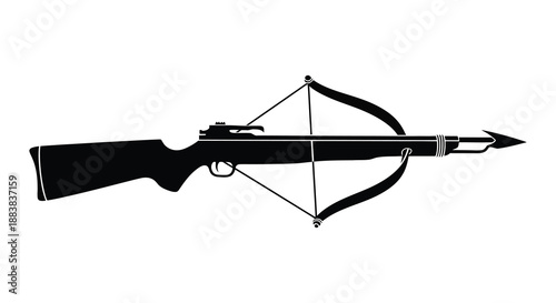 a detailed black and white illustration showcasing a crossbow design presented as a striking silhouette