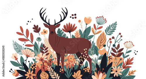 Beautiful illustration of a majestic deer standing among a lush arrangement of colorful autumn flowers, leaves, and botanicals on a white background.