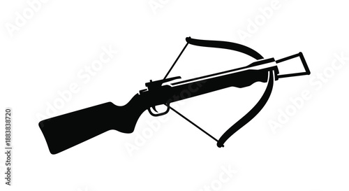 a stark black and white image depicts a detailed crossbow design rendered as a striking silhouette