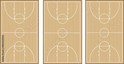 Basketball Court Layout Set Showing Full Indoor Wooden Courts from Top View, Clean Vector Illustration for Sports Design, Coaching Strategy, and Game Planning Concepts