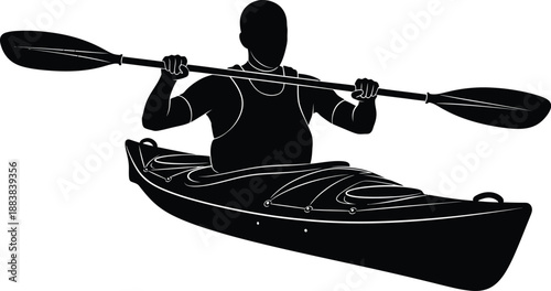 Man Engaged in Outdoor Sports Silhouette Paddling Kayak Illustration on Serene Water Body from Behind