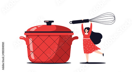 Tiny woman in a red polka dot dress joyfully holds a large whisk high above her head next to a giant red cooking pot.