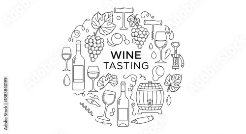 Circular arrangement of wine-related line art icons including grapes, bottles, glasses, and corkscrews for a tasting event.