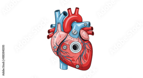 Detailed anatomical illustration of a human heart combined with mechanical and steampunk elements like screws and gears.