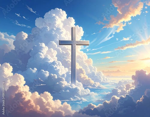 A serene heavenly scene featuring a large white cross among fluffy clouds
