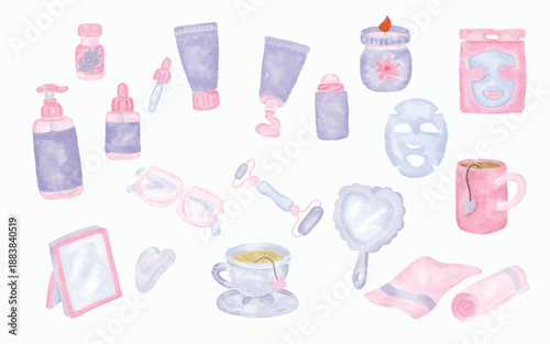 Watercolor illustration set of self care routine items for daily wellness and relaxation. Suitable for planners, journals, lifestyle brands, and mental health content with a soft and cozy aesthetic.