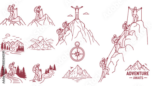 Collection of adventure and travel illustrations with mountains and landmarks