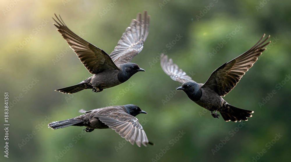 Fototapeta premium Three birds in flight against green blurred background
