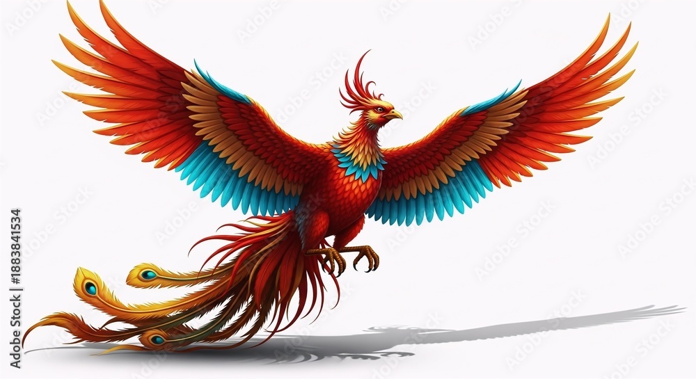 Fototapeta premium Vibrant Chinese Phoenix Fenghuang Mythical Bird Flying on White Background, Majestic Red Firebird with Peacock Tail, Symbol of Rebirth and Grace, Digital Illustration Isolated.