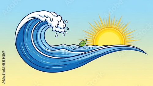 Crashing ocean wave with sun and a green leaf representing natures power and renewal perfect for environmental concepts and summer themes