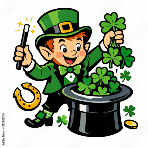 Retro leprechaun magician pulling clovers illustration