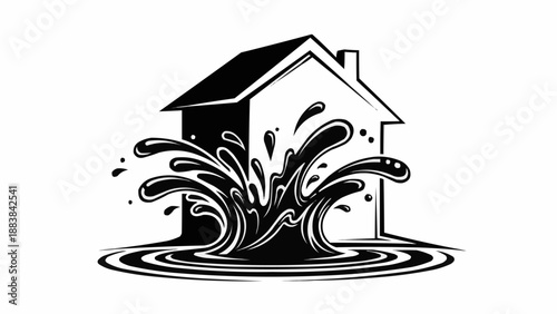 Illustration of a house flooded with water causing damage.