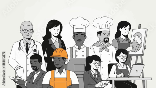 Diverse group of professionals from various industries standing together.