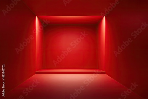 A vibrant, geometric red room with a recessed platform and overhead lighting creating a dramatic effect