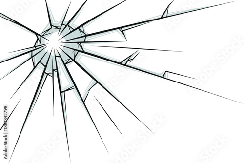 Dynamic vector illustration of shattered glass, depicting radiating cracks from a powerful impact point, symbolizing fragility and destruction