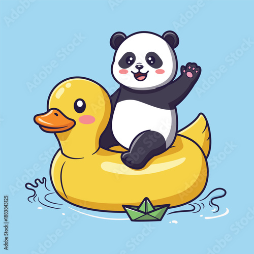 Cute Vector Illustration of a Panda Riding Yellow Rubber Duck with Green Paper Boat on Light Blue Background