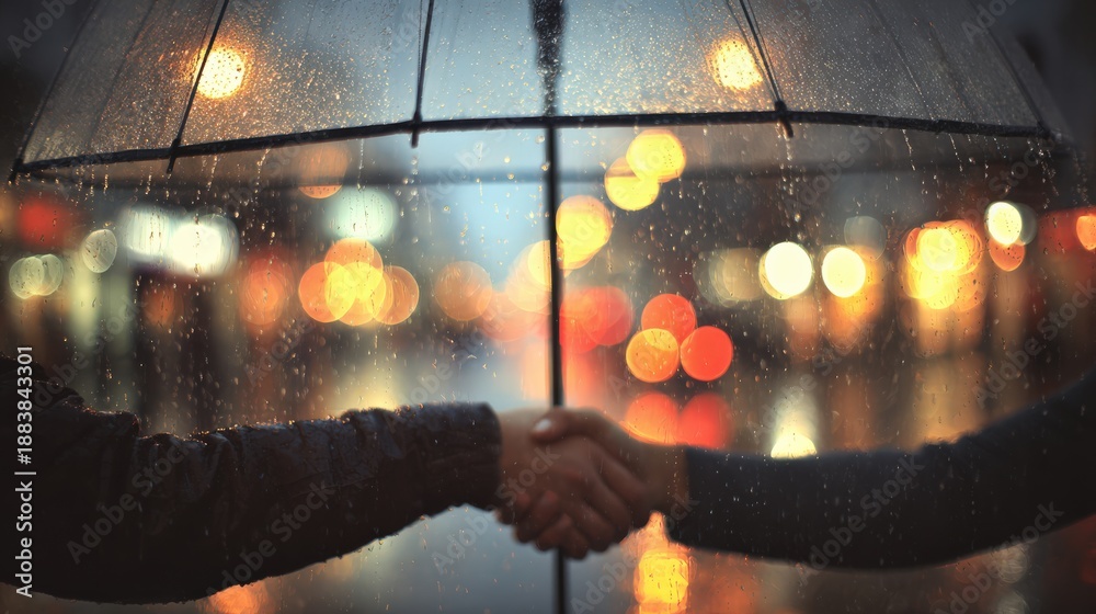 Fototapeta premium Rainy Date Handshake under Umbrella with Heart Bokeh