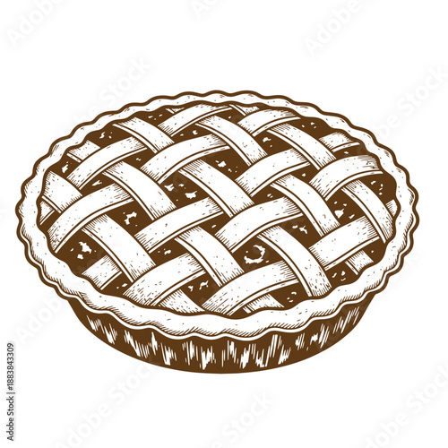 Drawing Vintage grunge  texture Brown pie with woven crust topping on white background