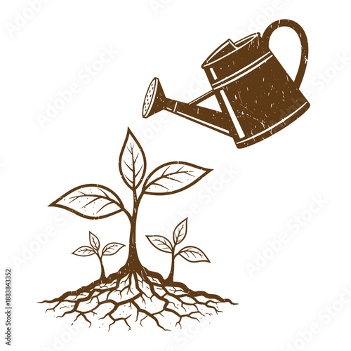 Drawing Vintage grunge  texture Brown illustration of a watering can pouring water on a plant with roots and leaves growing out of the ground