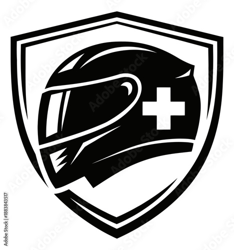 Graphic illustration of a motorcycle helmet depicting a medical cross for emergency services
