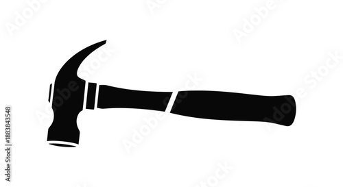 a simple black and white graphic illustration depicting a hammer tool rendered as a striking silhouette