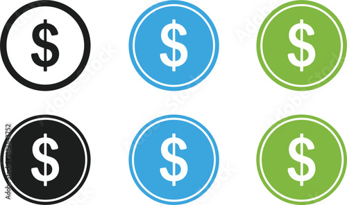 Dollar sign icons in black blue and green circles currency money
