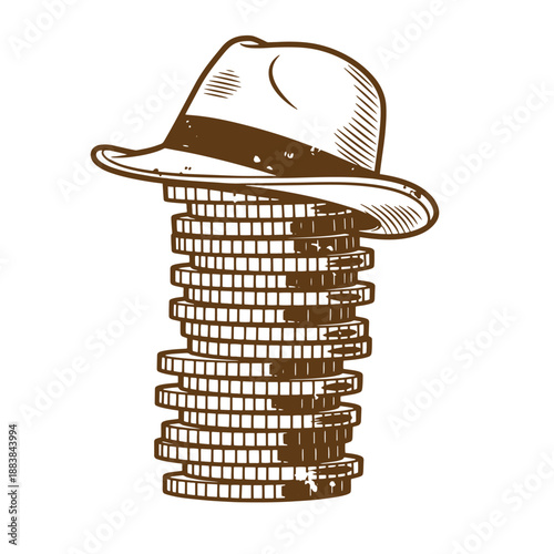 Drawing Vintage grunge  texture Brown fedora hat on stack of coins  symbol of wealth and finance  money and business concept
