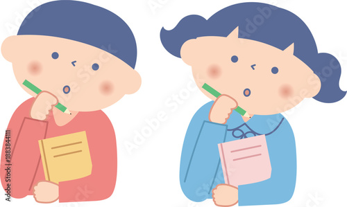 ノートを持って考えている男の子と女の子