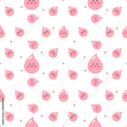Cute pink blood drop seamless pattern. Cartoon kawaii droplets with smiling faces. Medical, healthcare and hematology background. Vector illustration