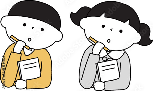 ノートを持って考えている男の子と女の子単色