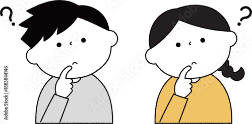 疑問に思っている男の子と女の子単色